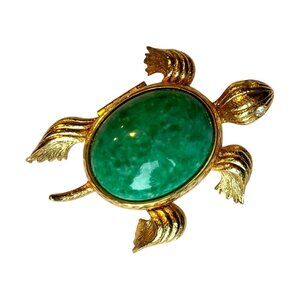 Vintage Avon Sea Turtle Solid Perfume Compact 70s Signed Gold Tone Malachite